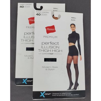 Lot of 2 - Hanes Premium Perfect Illusion Thigh High Tummy Control Black, S